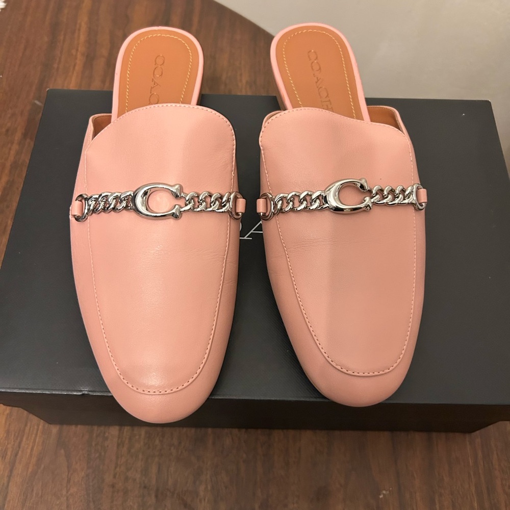 Coach Blush Leather Mules with Silver Chain Detail - Picture 2 of 3